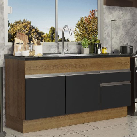 Balcão de Pia Armário de Cozinha 150 Cm 2 Portas e 2 Gavetas (sem Tampo e Pia) Rustic/preto Glamy Ma