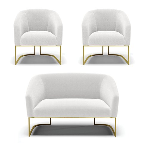 Sofá Namoradeira e 2 Poltronas Base Industrial Dourado Stella Bouclê Off White D03 - D'Rossi