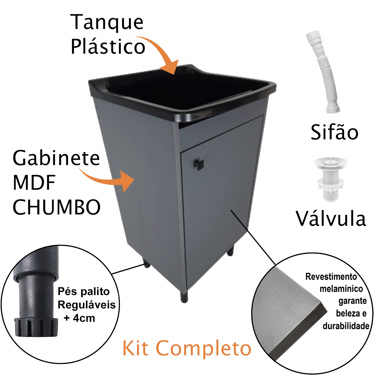 Tanque para Lavar Roupa 22l com Gabinete 46cm Chumbo Premium - 3