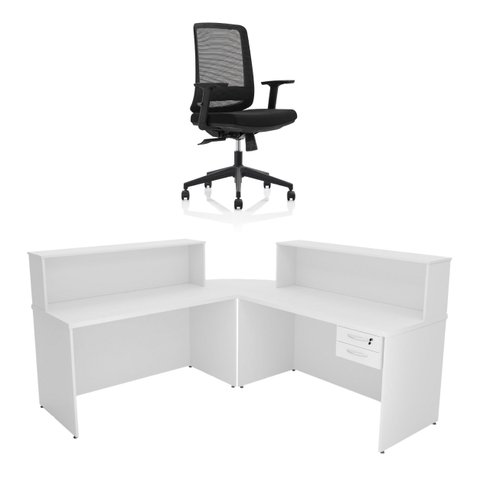 Balcão de Atendimento em L com Gaveta 140x60cm para Recepção + Cadeira de Escritório Reclinável