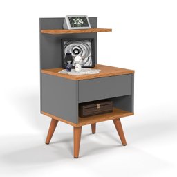 Mesa de Cabeceira Retrô Sleep Pés Palito com 1 Gaveta - Cinza/Cinamomo - 2