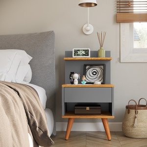 Mesa de Cabeceira Retrô Sleep Pés Palito com 1 Gaveta - Cinza/Cinamomo