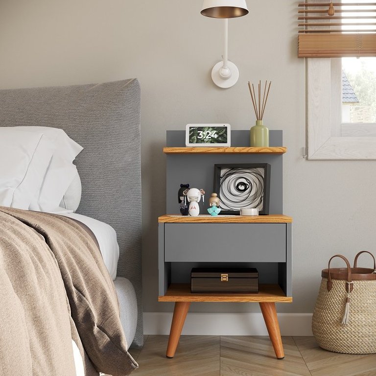 Mesa de Cabeceira Retrô Sleep Pés Palito com 1 Gaveta - Cinza/Cinamomo