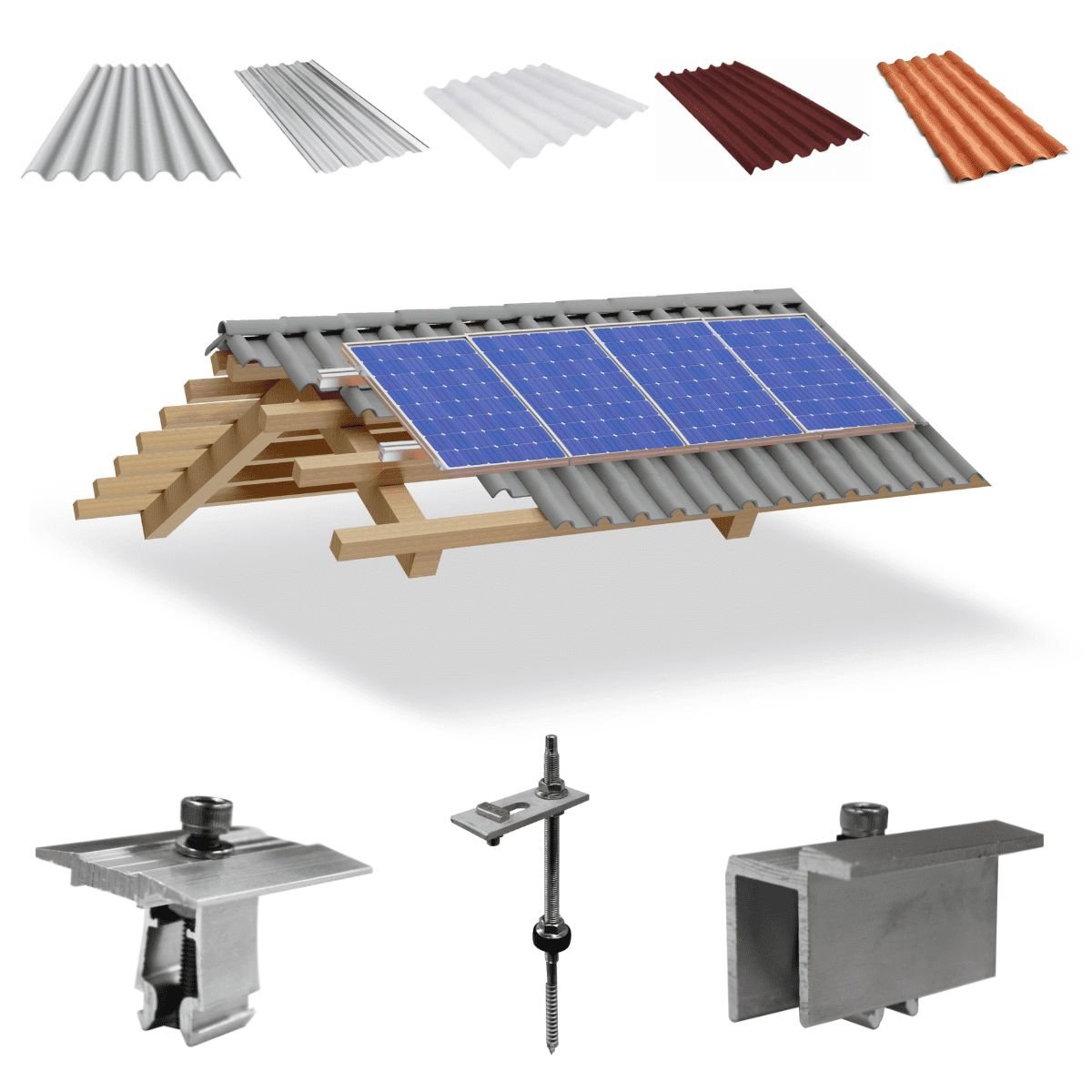 Kit Estrutura Suporte Fixador para 04 Placas Solar Alumínio e Inox Telha Fibro Ondulada em Viga Made - 1