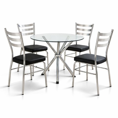 Jogo Mesa Jantar Pé Palito Cromada + 4 Cadeiras Reforço Assento Grosso Preto Vidro 90cm