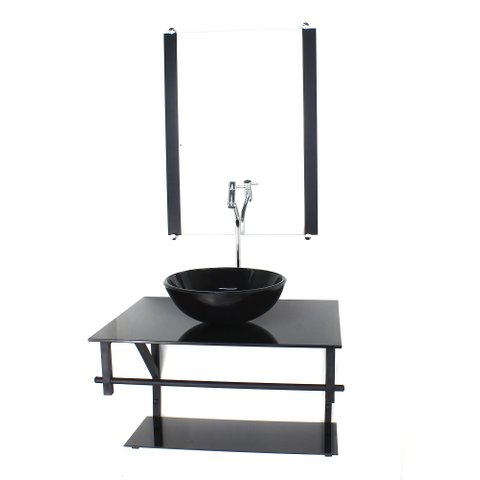GABINETE DE VIDRO PARA BANHEIRO 60CM AP CUBA REDONDA PRETO FULL COM TORNEIRA CROMADA