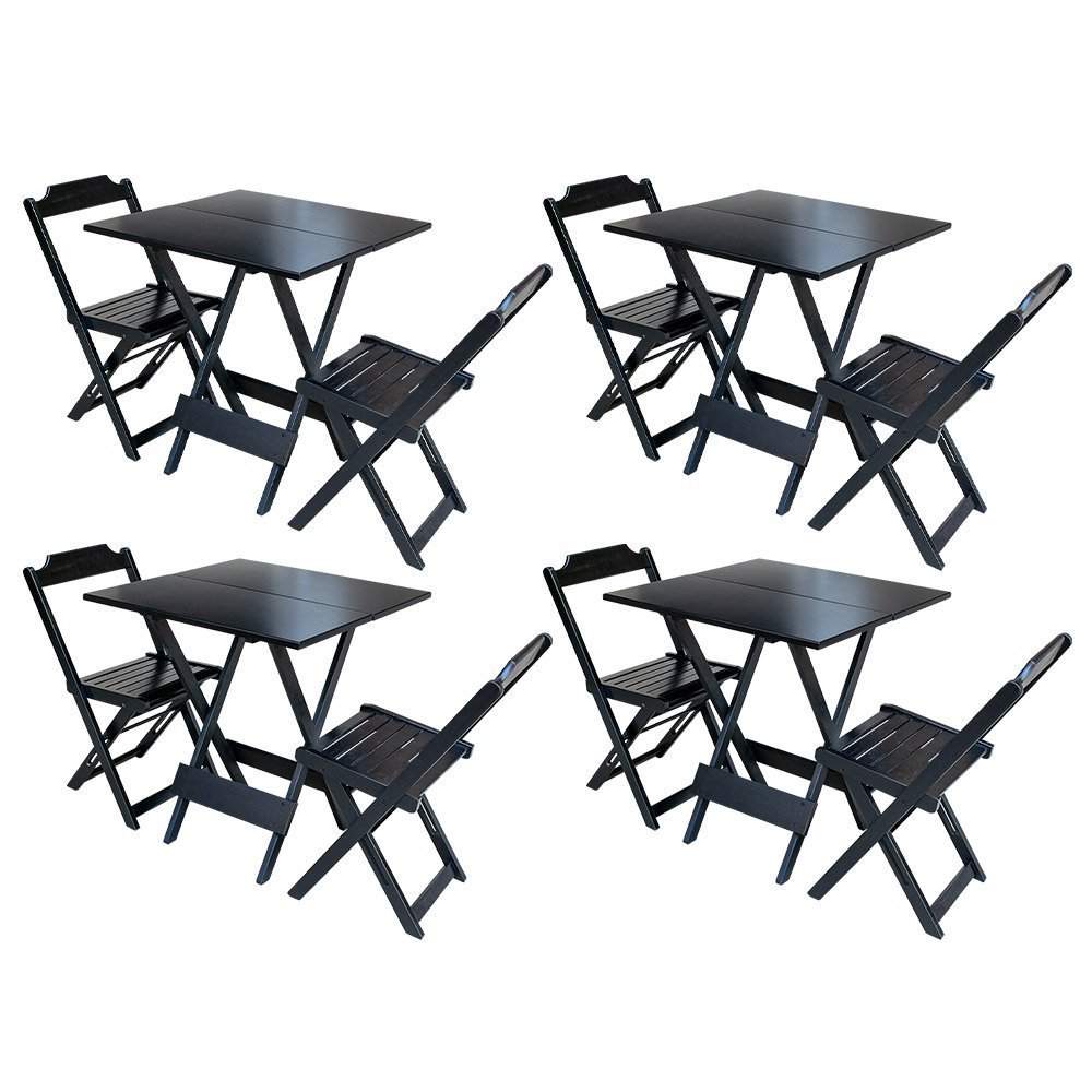Kit 4 Conjuntos Mesa Dobrável com 2 Cadeiras Madeira 70x70 Ideal para Bar e Restaurante - Preto