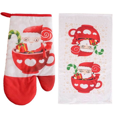 Kit 2 Peças Natalino Pano de Prato e Luva de Forno Bene Casa Noel Presente