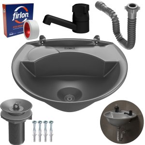 Pia Lavatório 4l Cinza + Sifão Sanfonado Universal + Torneira Preta + Veda Rosca