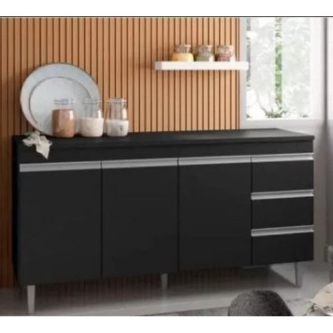 Balcão de Cozinha com Tampo 1,80m Michelangelo Preto Fosco 100% Mdf 15mm