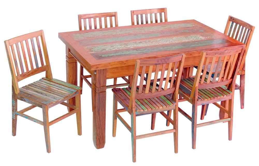 Conjunto Mesa de Jantar em Madeira Demolição 1,5m 6 Cadeiras Conforto com Pátina