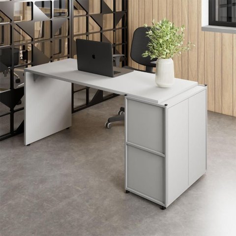 Mesa Escrivaninha 150cm X 60cm e Armário 2 Portas F5 Office Cor:cinza