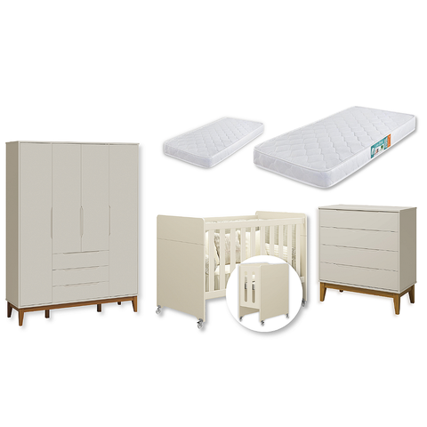 Quarto de Bebê Berço Evolution + Guarda Roupa 4P + Cômoda 4g Elfe Areia 02 Colchões