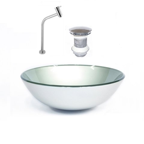 CUBA DE VIDRO REDONDA 42CM PRATA + VALVULA + TORNEIRA CROMADA