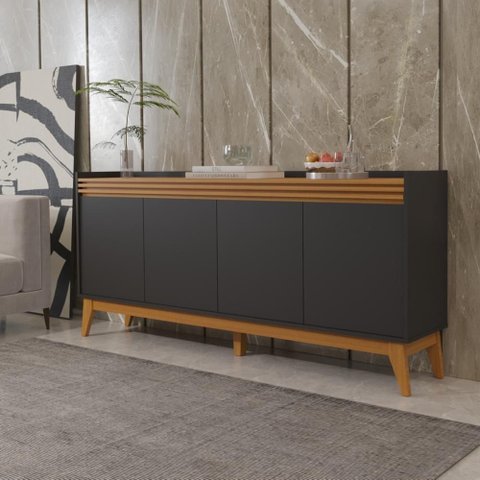 Buffet Aparador Ripado 4 Portas com Pés de Mdf Bahamas 180cm - Via Nossa - Preto e Cedro