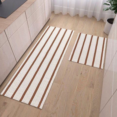 Tapete Cozinha Kit 2 Peças Caramelo Passadeira 1,30m X 0,45m Capacho 0,65m X 0,45m Rústico Listrado