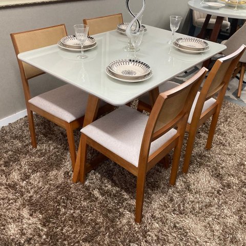 Sala de Jantar Mesa Lizzi 1,20m com 4 Cadeiras Eco D'confort Design Linho Cinza R507