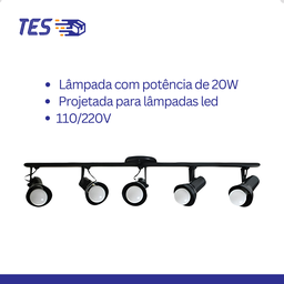 Spot Trilho 5 Sobrepor Direcionável E-27 Preto - 3