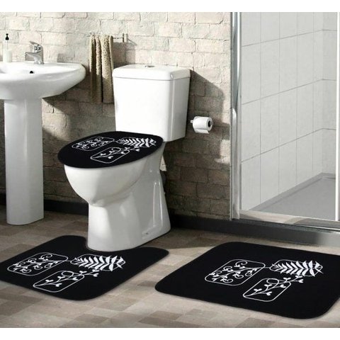 Tapete Jogo De Banheiro Preto Antiderrapante Kit 3 Peças Folhas Branca