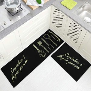 Jogo Tapete Cozinha Preto Algodão Antiderrapante 3 Peças Frase Marfim