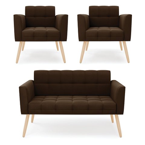 Kit 1 Sofá Namoradeira e 2 Poltronas Elisa Suede Marrom Pés Palito Natural - D’Rossi