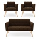 Ver imagem 1 de Kit 1 Sofá Namoradeira e 2 Poltronas Elisa Suede Marrom Pés Palito Natural - D’Rossi