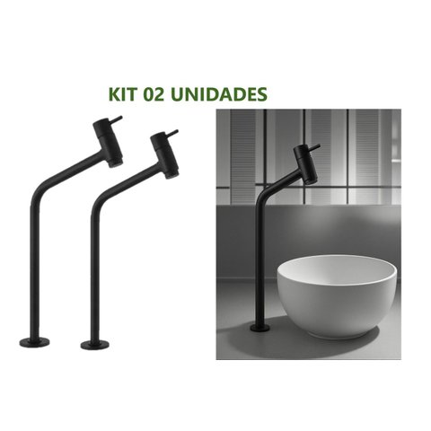 Kit 02 Torneiras com Bica Alta Preto Fosco para Banheiro Água Fria F139
