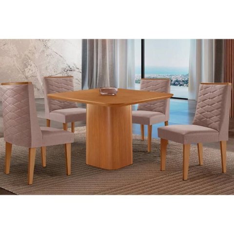Conjunto: Mesa de Cozinha Maldivas C/ Tampo Madeirado Canto Curvo 90x90cm e 4 Cadeiras Dafne