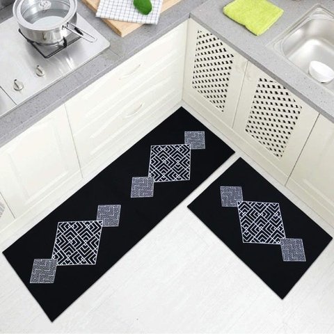 Jogo Tapete Cozinha Preto Algodão Antiderrapante Kit 3 Peças Maze