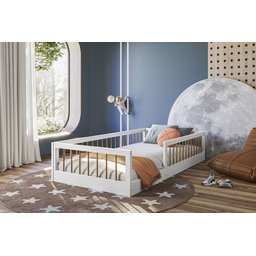 Cama Montessoriana Infantil Berço Grade de Proteção Quarto da Criança com Colchão Cor Branco/nature - 1