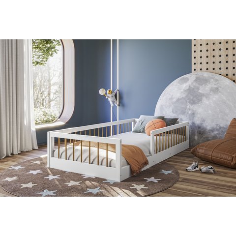 Cama Montessoriana Infantil Berço Grade de Proteção Quarto da Criança com Colchão Cor Branco/nature