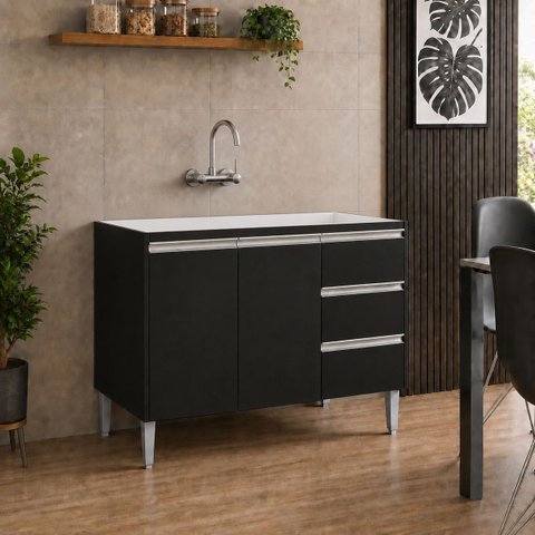 Balcão Gabinete de Pia 100 cm 2 Portas Andréia sem Tampo - AJL Móveis:Preto