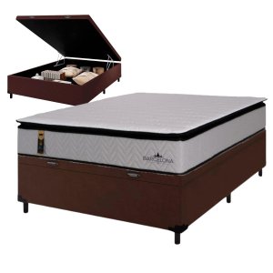 Cama Box Casal com Baú + Colchão Molas Ensacadas Pillow Hyper Gel Barcelona Hellen 138x188:marrom
