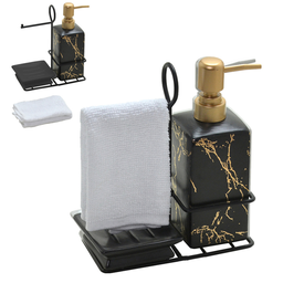 Kit para Banheiro Quadrado Marmorizado Preto e Dourado - 3 peças - 1