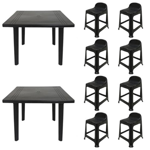 2 Mesas Quadradas Desmontáveis de Plástico 90cm Preta + 8 Banquetas com Encosto