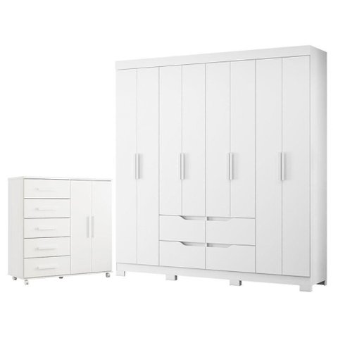 Guarda Roupa Casal Doble 8 Portas com Cômoda MDP Branco Albatroz Móveis