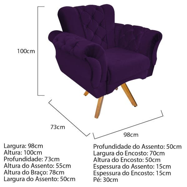 Kit 2 Poltronas Base Giratória de Madeira e 1 Namoradeira Berlim Suede Roxo - Doce Sonho Mó - 4