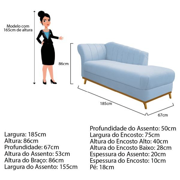 Recamier Vanessa 185cm Lado Direito Corano Azul Bebê - Adj Decor - 4