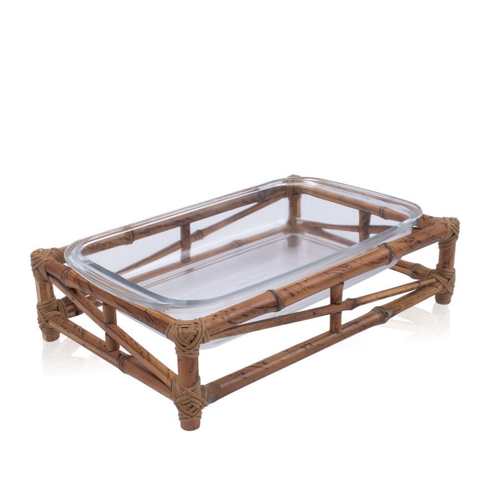 Suporte Bambu com Pirex Retangular Tigrado 34x23x6cm