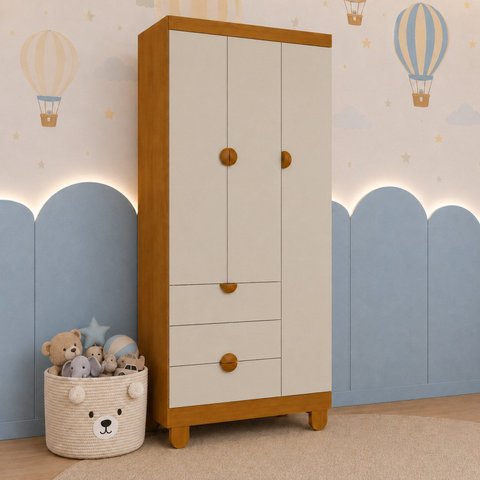 Guarda-Roupa 3 Portas para Quarto de Bebê 100% MDF Apolo