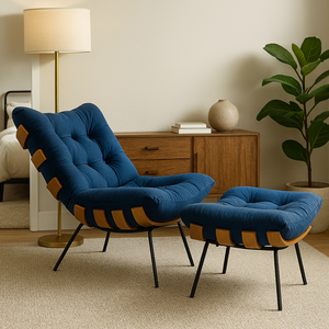 Poltrona Costela Acompanha Puff Apoio para Pés Confortável:azul