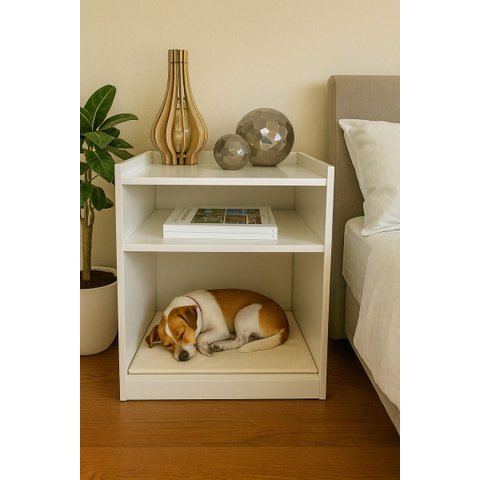 Mesa de Cabeceira Pet Off-white com Nicho e Colchão Incluso