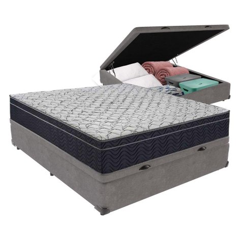 Cama + Box com Baú Viúva Colchão Ortobom D45 Firme Airtech Cor:cinza