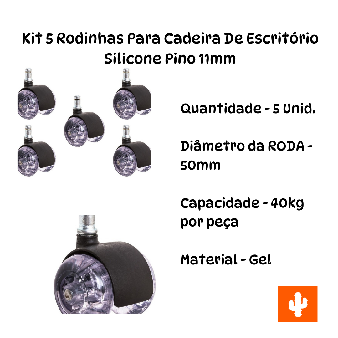 Kit 5 Rodinhas para Cadeira de Escritório Silicone Pino 11mm - 3