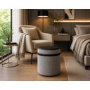 Ver imagem 2 de Puff Redondo Comprido Tecido Cinza Linho Listra e Corino Preto Elegante Macio Suporta 120kg Decoraçã