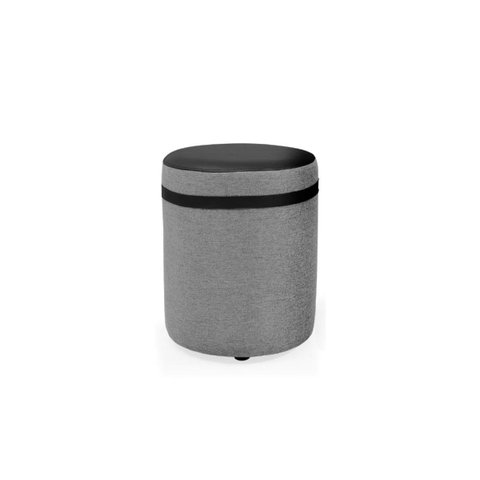 Puff Redondo Comprido Tecido Cinza Linho Listra e Corino Preto Elegante Macio Suporta 120kg Decoraçã