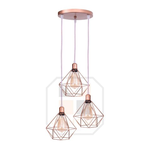 Lustre Pendente Aramado Rose Gold Base Tripla C/ Lâmpada Fio Cristal