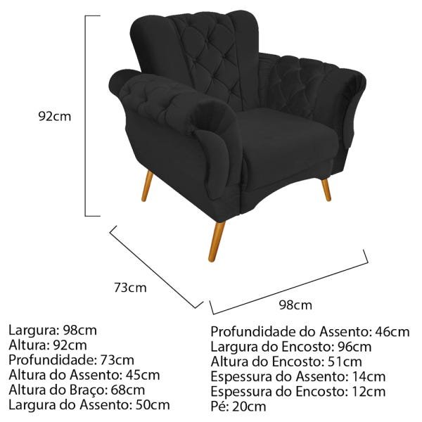 Kit Poltrona e Puff Decorativos Berlim Suede Preto - Doce Sonho Móveis - 4