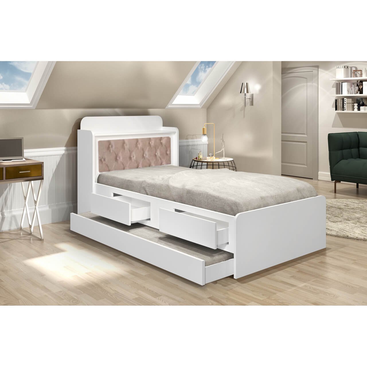 Cama Solteiro com Cama Auxiliar Cabeceira Baú e 2 Gavetas Tamires Cor ...