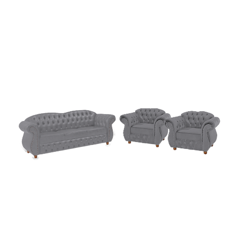 Um Sofá 3 Lugares + Duas Poltronas Chesterfield Merlo- Veludo Cinza Medio / decoração, sala, rece